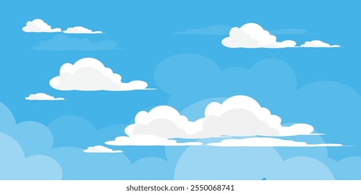 Sky with Clouds illustration in flat style. Sky and clouds background. Cloudy vector cartoon illustration in blue color. Nature abstract wallpaper.