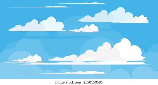 Ilustração de Céu com Nuvens em estilo plano. Fundo do céu e das nuvens. Ilustração de desenho animado de vetor nublado em cor azul. Natureza abstrata papel de parede.