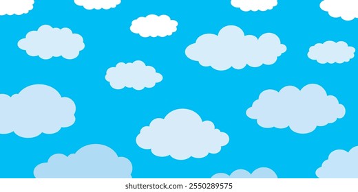 Sky with Clouds illustration in flat style. Sky and clouds background. Cloudy vector cartoon illustration in blue color. Nature abstract wallpaper.