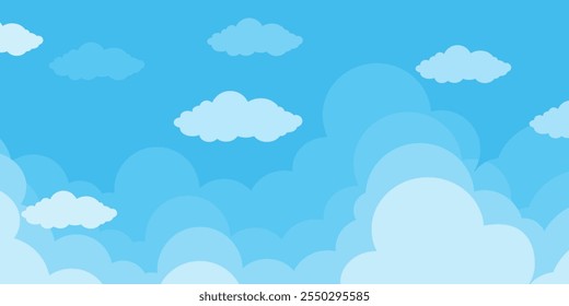 Sky with Clouds illustration in flat style. Sky and clouds background. Cloudy vector cartoon illustration in blue color. Nature abstract wallpaper.