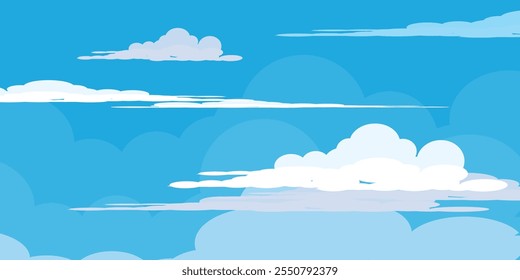 Sky with Clouds illustration in flat style. Sky and clouds background. Cloudy vector cartoon illustration in blue color. Nature abstract wallpaper.
