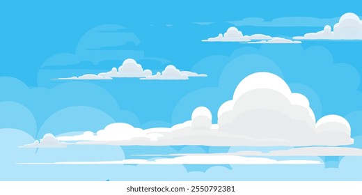 Sky with Clouds illustration in flat style. Sky and clouds background. Cloudy vector cartoon illustration in blue color. Nature abstract wallpaper.