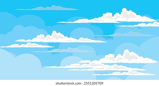 Sky with Clouds illustration in flat style. Sky and clouds background. Cloudy vector cartoon illustration in blue color. Nature abstract wallpaper.