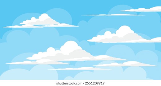 Ilustração de Céu com Nuvens em estilo plano. Fundo do céu e das nuvens. Ilustração de desenho animado de vetor nublado em cor azul. Natureza abstrata papel de parede.