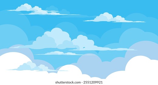 Sky with Clouds illustration in flat style. Sky and clouds background. Cloudy vector cartoon illustration in blue color. Nature abstract wallpaper.