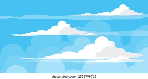 Sky with Clouds illustration in flat style. Sky and clouds background. Cloudy vector cartoon illustration in blue color. Nature abstract wallpaper.
