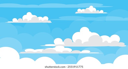 Sky with Clouds illustration in flat style. Sky and clouds background. Cloudy vector cartoon illustration in blue color. Nature abstract wallpaper.
