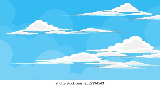 Himmel mit Wolken Illustration im flachen Stil. Himmel und Wolken Hintergrund. Trübe Vektorkarikatur in blauer Farbe. Natur abstrakte Tapete.
