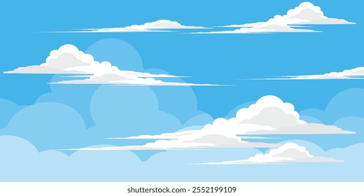 Sky with Clouds illustration in flat style. Sky and clouds background. Cloudy vector cartoon illustration in blue color. Nature abstract wallpaper.