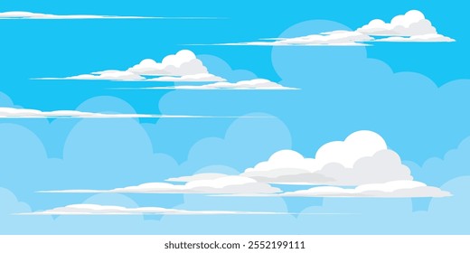 Sky with Clouds illustration in flat style. Sky and clouds background. Cloudy vector cartoon illustration in blue color. Nature abstract wallpaper.