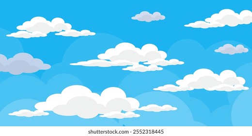 Sky with Clouds illustration in flat style. Sky and clouds background. Cloudy vector cartoon illustration in blue color. Nature abstract wallpaper.