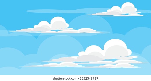 Sky with Clouds illustration in flat style. Sky and clouds background. Cloudy vector cartoon illustration in blue color. Nature abstract wallpaper.