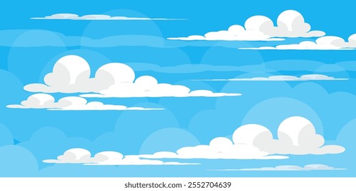 Sky with Clouds illustration in flat style. Sky and clouds background. Cloudy vector cartoon illustration in blue color. Nature abstract wallpaper.