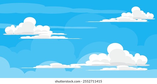 Ilustração de Céu com Nuvens em estilo plano. Fundo do céu e das nuvens. Ilustração de desenho animado de vetor nublado em cor azul. Natureza abstrata papel de parede.
