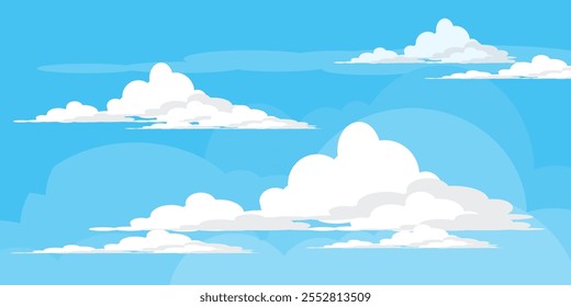 Sky with Clouds illustration in flat style. Sky and clouds background. Cloudy vector cartoon illustration in blue color. Nature abstract wallpaper.