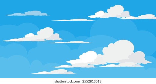 Sky with Clouds illustration in flat style. Sky and clouds background. Cloudy vector cartoon illustration in blue color. Nature abstract wallpaper.