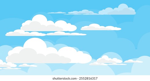 Cielo con la ilustración de las nubes en estilo plano. Cielo y fondo de nubes. Ilustración de dibujos animados de Vector nublado en color azul. Fondo de pantalla abstracto de Naturaleza.