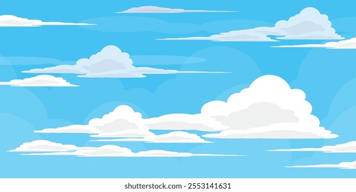 Sky with Clouds illustration in flat style. Sky and clouds background. Cloudy vector cartoon illustration in blue color. Nature abstract wallpaper.