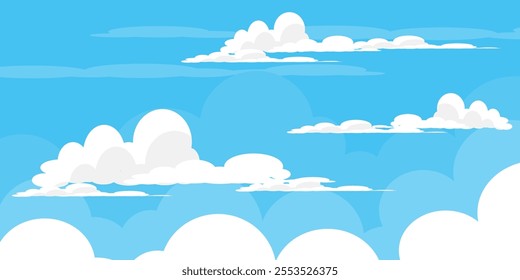 Sky with Clouds illustration in flat style. Sky and clouds background. Cloudy vector cartoon illustration in blue color. Nature abstract wallpaper.