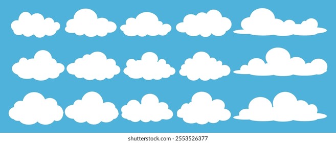 Sky with Clouds illustration in flat style. Sky and clouds background. Cloudy vector cartoon illustration in blue color. Nature abstract wallpaper.