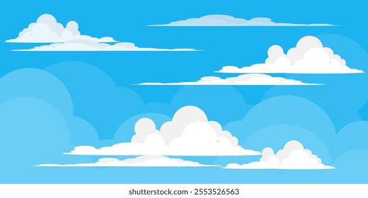 Sky with Clouds illustration in flat style. Sky and clouds background. Cloudy vector cartoon illustration in blue color. Nature abstract wallpaper.