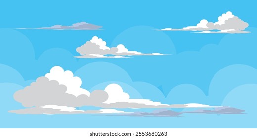 Sky with Clouds illustration in flat style. Sky and clouds background. Cloudy vector cartoon illustration in blue color. Nature abstract wallpaper.