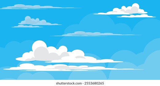 Sky with Clouds illustration in flat style. Sky and clouds background. Cloudy vector cartoon illustration in blue color. Nature abstract wallpaper.