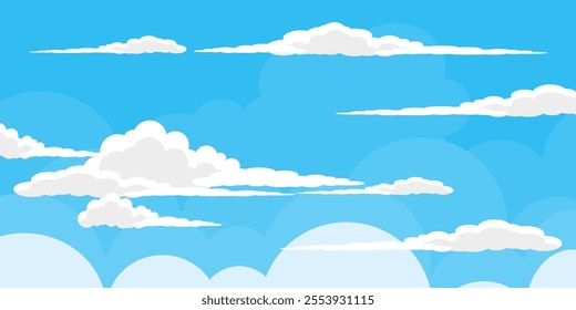 Sky with Clouds illustration in flat style. Sky and clouds background. Cloudy vector cartoon illustration in blue color. Nature abstract wallpaper.