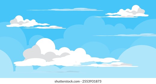 Sky with Clouds illustration in flat style. Sky and clouds background. Cloudy vector cartoon illustration in blue color. Nature abstract wallpaper.
