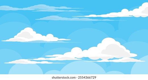 Sky with Clouds illustration in flat style. Sky and clouds background. Cloudy vector cartoon illustration in blue color. Nature abstract wallpaper.