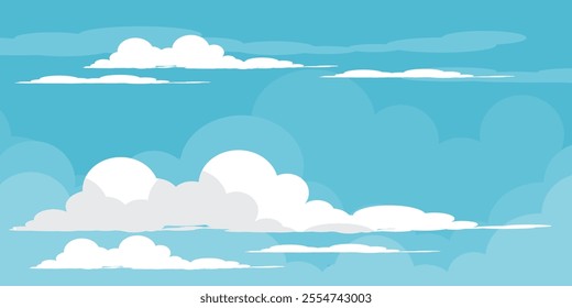 Sky with Clouds illustration in flat style. Sky and clouds background. Cloudy vector cartoon illustration in blue color. Nature abstract wallpaper.