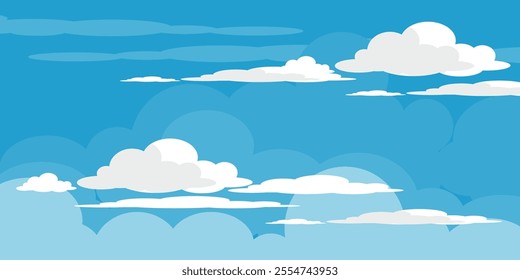 Sky with Clouds illustration in flat style. Sky and clouds background. Cloudy vector cartoon illustration in blue color. Nature abstract wallpaper.