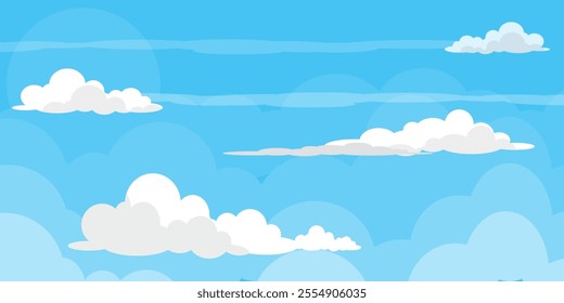 Sky with Clouds illustration in flat style. Sky and clouds background. Cloudy vector cartoon illustration in blue color. Nature abstract wallpaper.