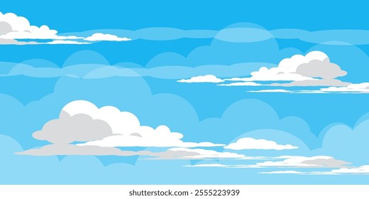 Sky with Clouds illustration in flat style. Sky and clouds background. Cloudy vector cartoon illustration in blue color. Nature abstract wallpaper.