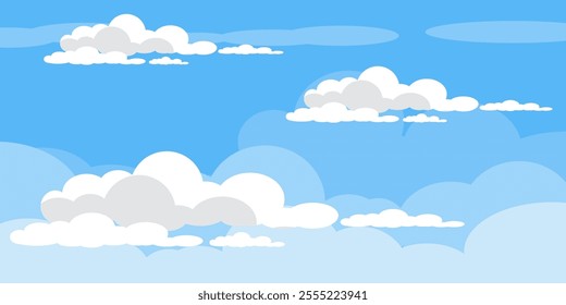 Sky with Clouds illustration in flat style. Sky and clouds background. Cloudy vector cartoon illustration in blue color. Nature abstract wallpaper.