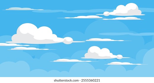 Sky with Clouds illustration in flat style. Sky and clouds background. Cloudy vector cartoon illustration in blue color. Nature abstract wallpaper.