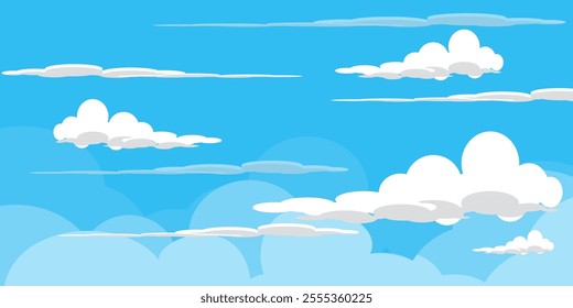 Sky with Clouds illustration in flat style. Sky and clouds background. Cloudy vector cartoon illustration in blue color. Nature abstract wallpaper.