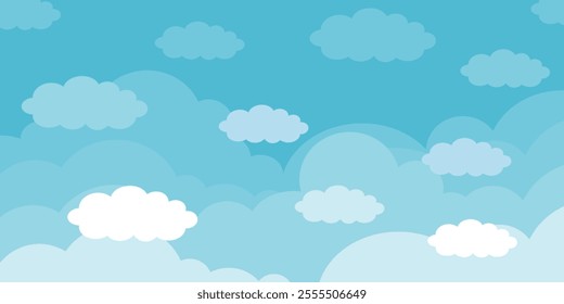 Sky with Clouds illustration in flat style. Sky and clouds background. Cloudy vector cartoon illustration in blue color. Nature abstract wallpaper.