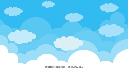 Sky with Clouds illustration in flat style. Sky and clouds background. Cloudy vector cartoon illustration in blue color. Nature abstract wallpaper.