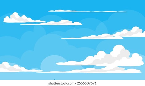 Sky with Clouds illustration in flat style. Sky and clouds background. Cloudy vector cartoon illustration in blue color. Nature abstract wallpaper.