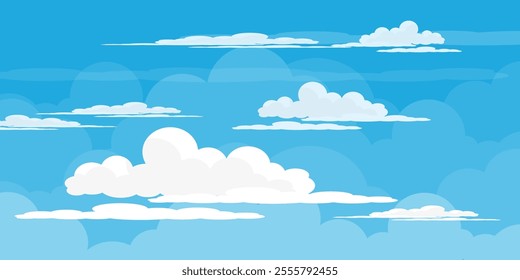 Sky with Clouds illustration in flat style. Sky and clouds background. Cloudy vector cartoon illustration in blue color. Nature abstract wallpaper.
