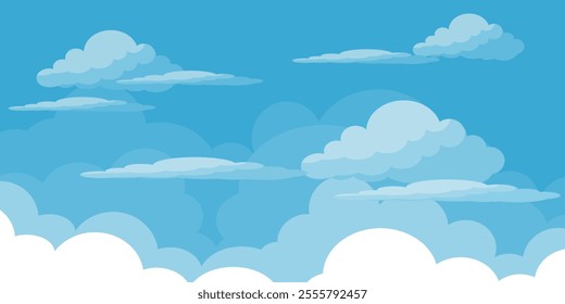 Sky with Clouds illustration in flat style. Sky and clouds background. Cloudy vector cartoon illustration in blue color. Nature abstract wallpaper.