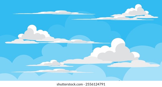 Sky with Clouds illustration in flat style. Sky and clouds background. Cloudy vector cartoon illustration in blue color. Nature abstract wallpaper.