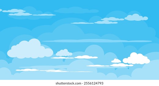 Sky with Clouds illustration in flat style. Sky and clouds background. Cloudy vector cartoon illustration in blue color. Nature abstract wallpaper.