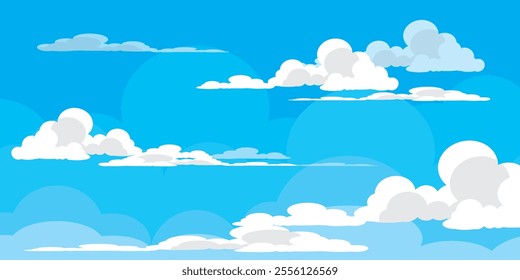 Sky with Clouds illustration in flat style. Sky and clouds background. Cloudy vector cartoon illustration in blue color. Nature abstract wallpaper.