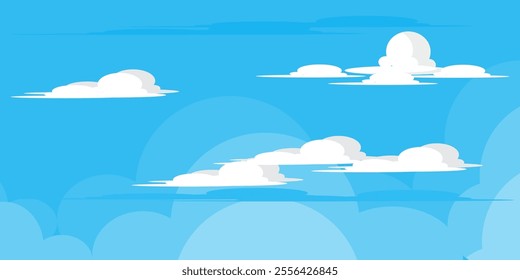 Sky with Clouds illustration in flat style. Sky and clouds background. Cloudy vector cartoon illustration in blue color. Nature abstract wallpaper.