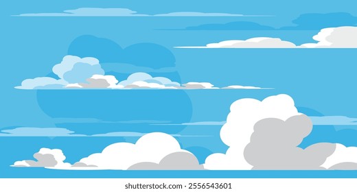 Sky with Clouds illustration in flat style. Sky and clouds background. Cloudy vector cartoon illustration in blue color. Nature abstract wallpaper.