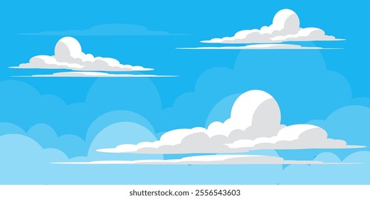 Sky with Clouds illustration in flat style. Sky and clouds background. Cloudy vector cartoon illustration in blue color. Nature abstract wallpaper.
