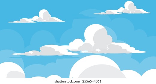 Sky with Clouds illustration in flat style. Sky and clouds background. Cloudy vector cartoon illustration in blue color. Nature abstract wallpaper.