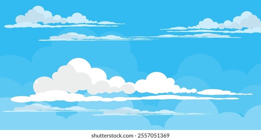 Sky with Clouds illustration in flat style. Sky and clouds background. Cloudy vector cartoon illustration in blue color. Nature abstract wallpaper.